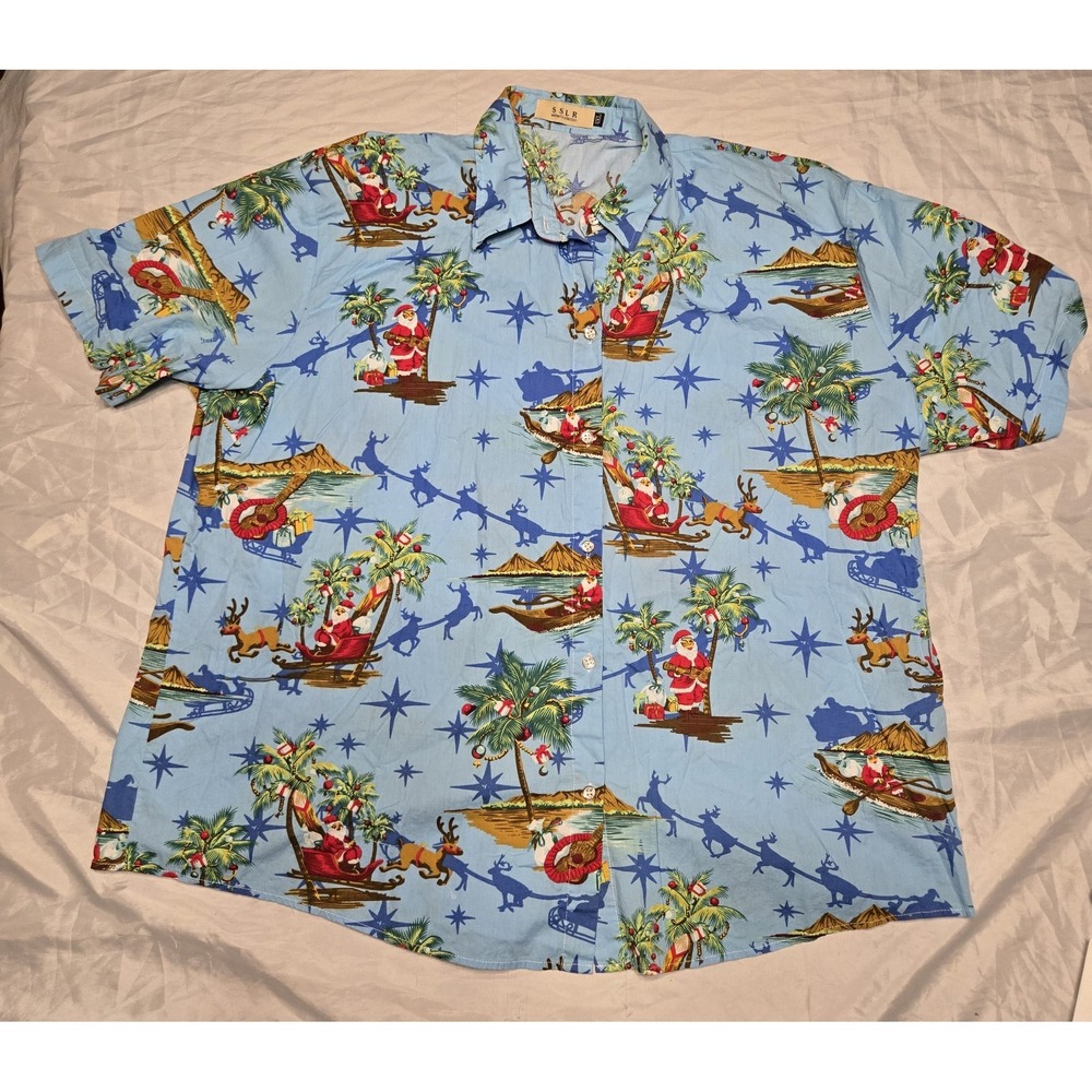 SSLR Womens Collection 4X Santa On Beach Short Sleeve‎ Button Up Shirt Christmas